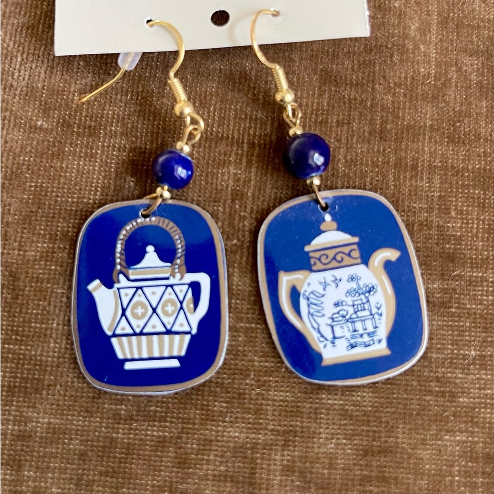 Blue, White, and Gold Teapot Earrings